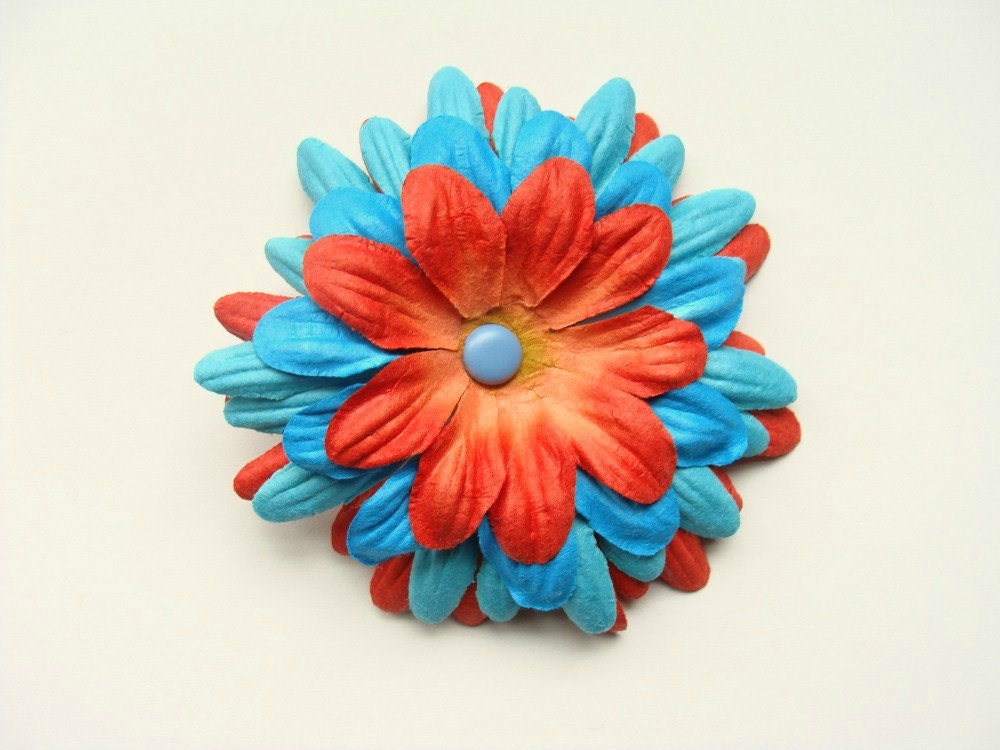 Large flower hair clip - Lazy Daisy in red/aqua/blue