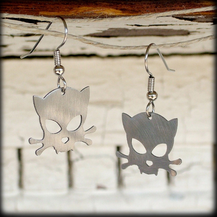 Outlaw Kitty Stainless Steel Earrings by WATTO Distinctive Metal Wear