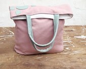 Aqua Leather Canvas Tote, MINI tote, Summer Linen Tote Bag in Aqua Mint  and Pink, Linen and Leather Tote for Women /Summer Trends / SALE