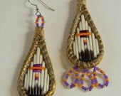 porcupine quilled tear-drop earrings, purple & tangerine