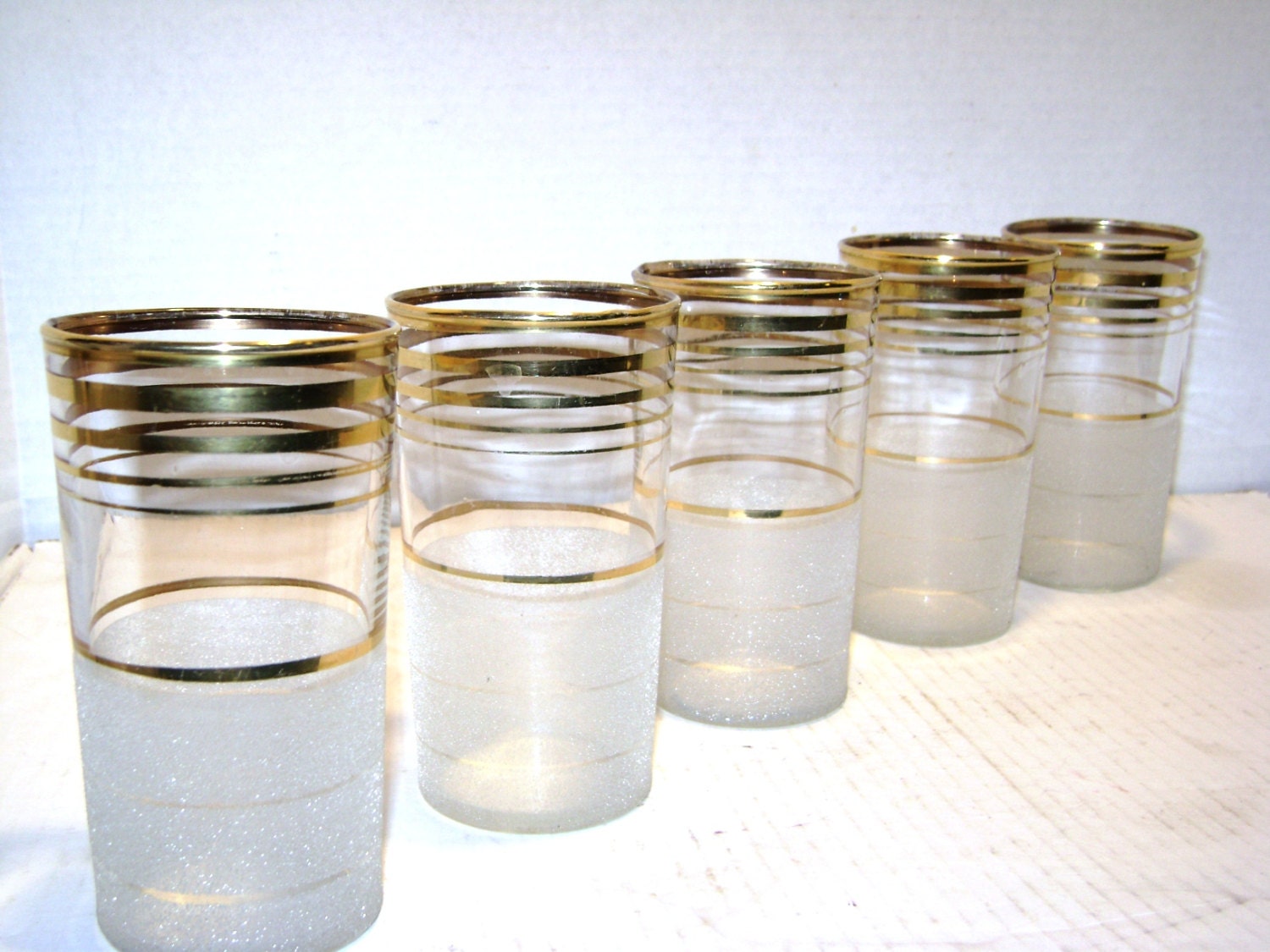 RESERVED For Ferra, Set 5 Vintage Gold Striped Frosted Tall Boy Cocktail Glasses, Rare Mad Men Barware, Retro, California Tumbler Highball