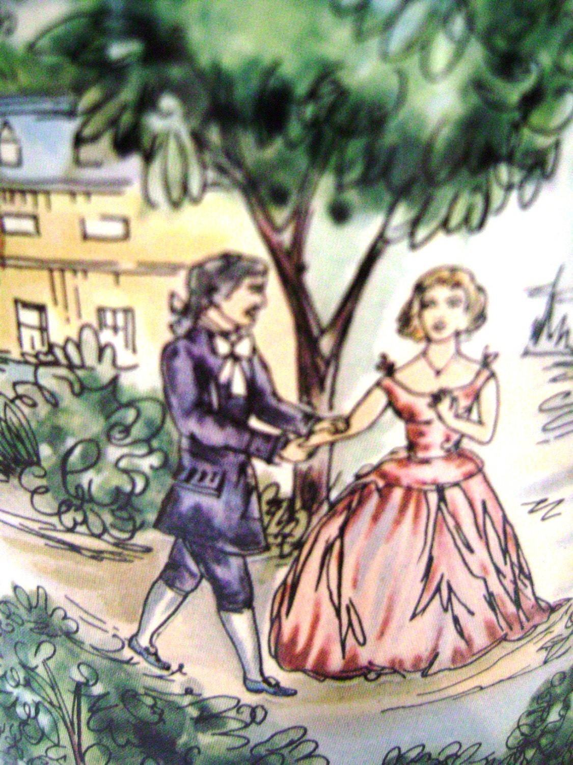 VINTAGE Tin, Cottage Romance, Round with Faux Wood Lid, Scenes of English Courting Couples, Crinoline