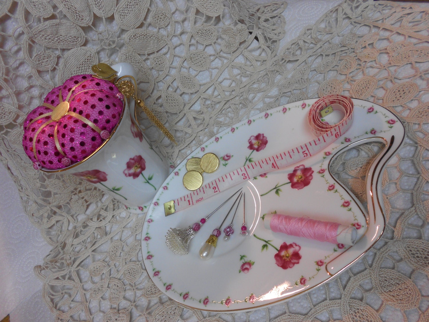 Vintage Cup Pin Cushion and Pins
