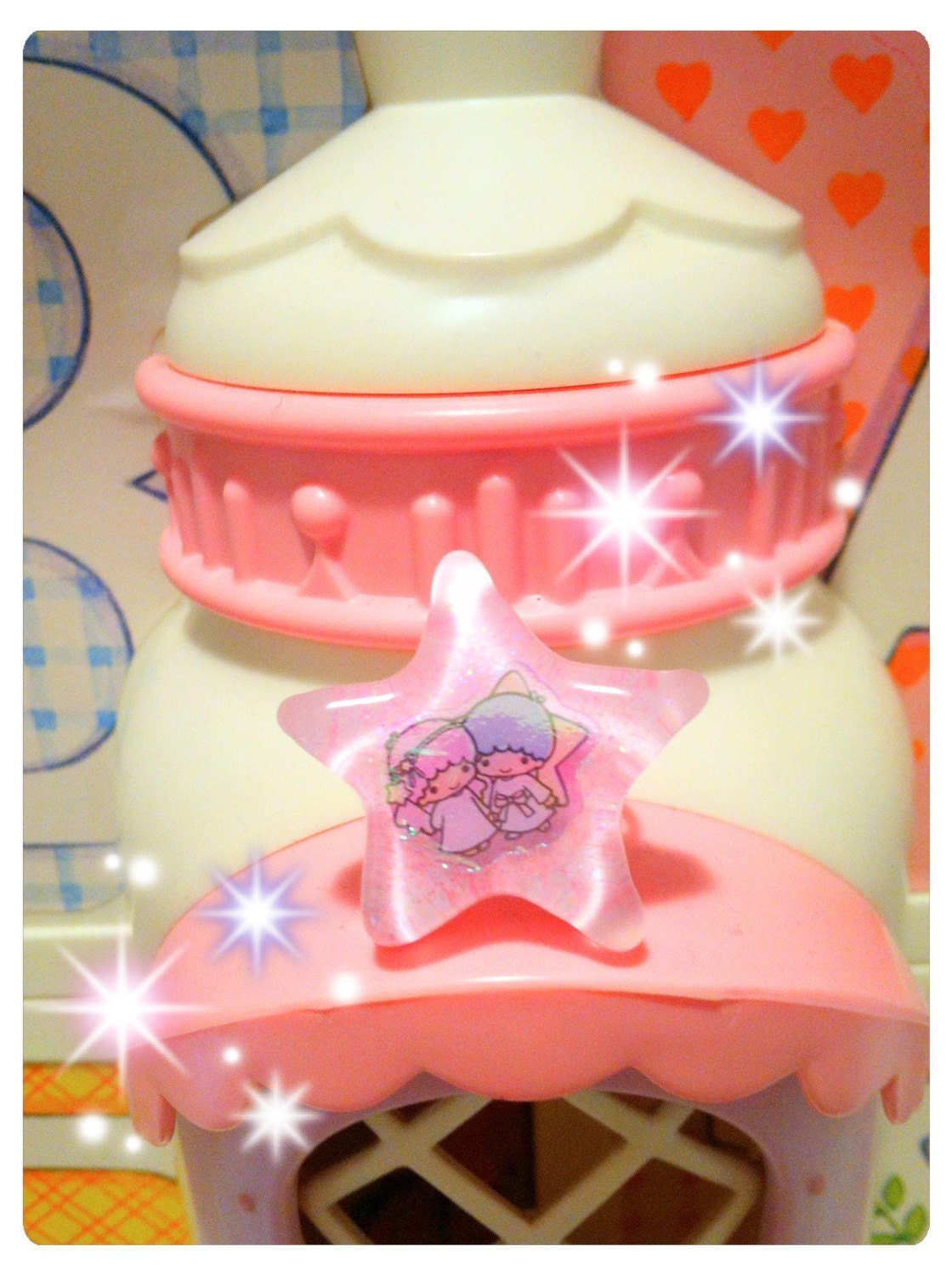 Star ring with little twin stars pink glitter resin fairy kei kawaii