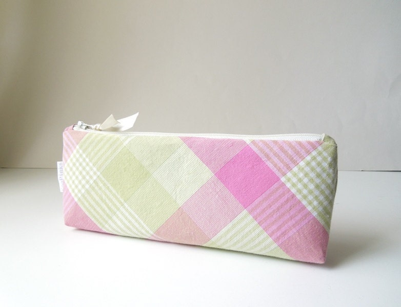 Preppy Pink and Green Plaid Long Pencil Case Zipper Pouch