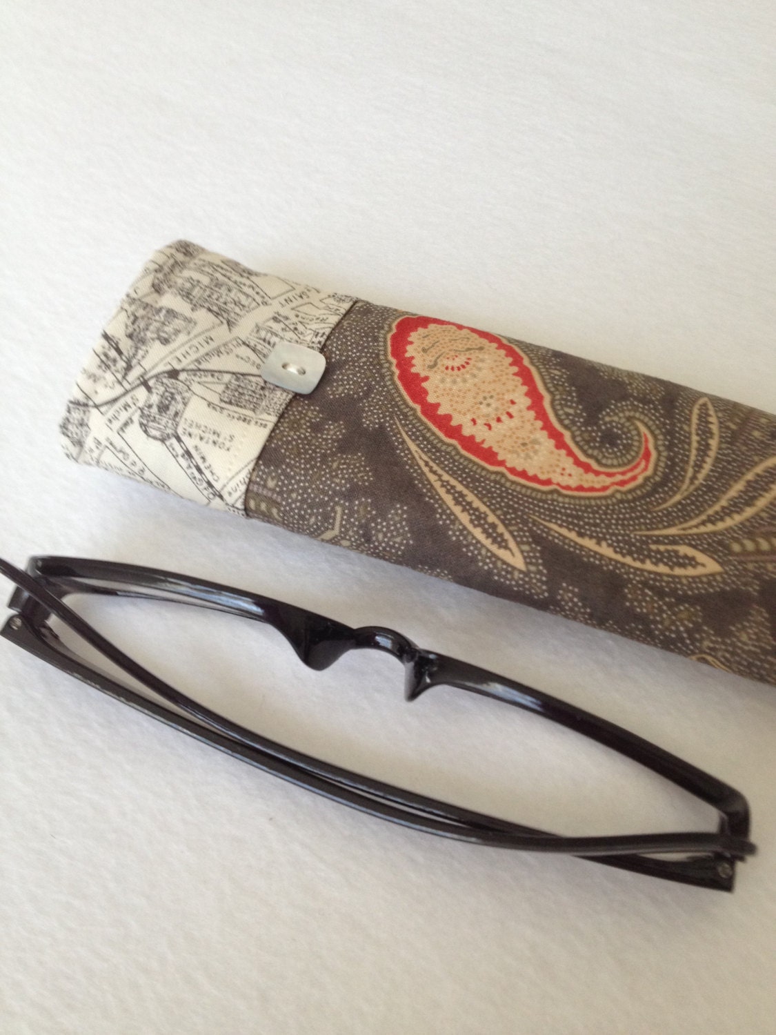 Reading Glasses Case - dark gray, red and gold paisley cotton fabric, small, soft eyeglasses sleeve, readers cozy