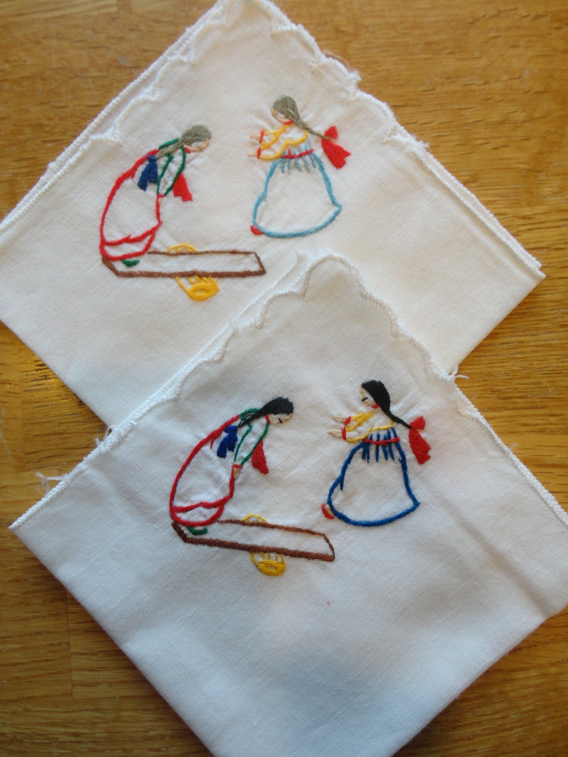 Pair of Girls See-Sawing Hankies - Identical