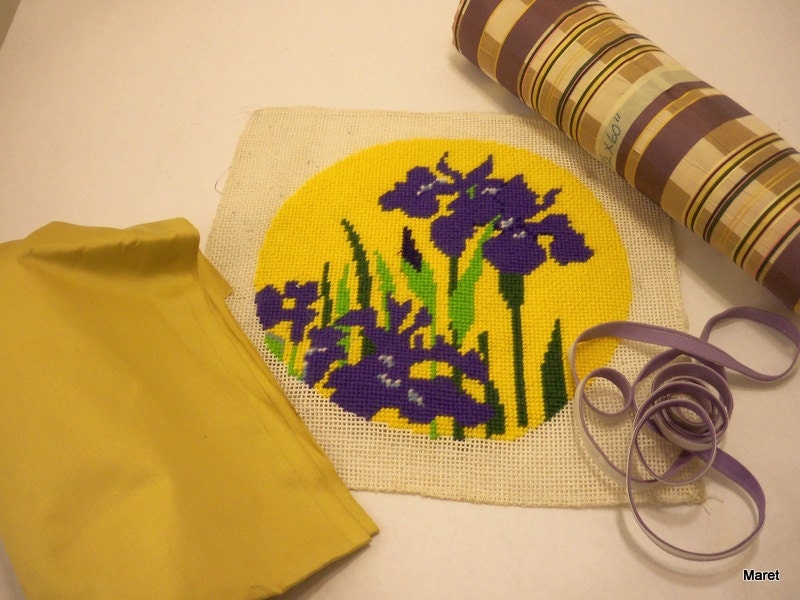 Siberian IRIS NEEDLEPOINT with decorator fabrics to make designer PILLOW or bag.