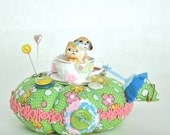 Vintage Puppy and Kitten in Teacup pin cushion figurine  gifts grandmother mom Pincushion
