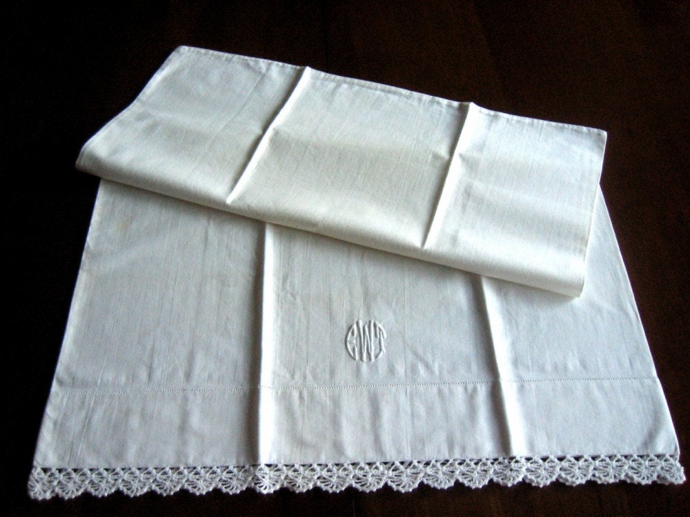 Pillow Case Sham Vintage White Embroidery Monogram Crocheted Lace Trim