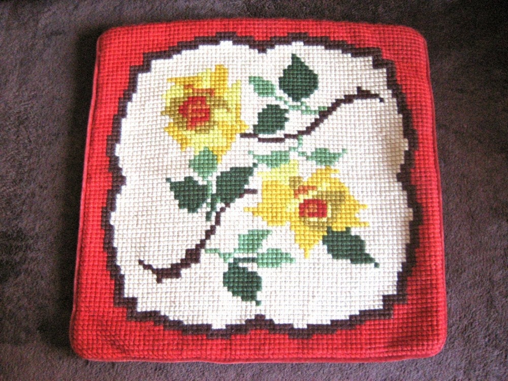 Pillow Case Bed Sham Vintage Slip Yellow Roses Needlepoint Petit Point Tapestry