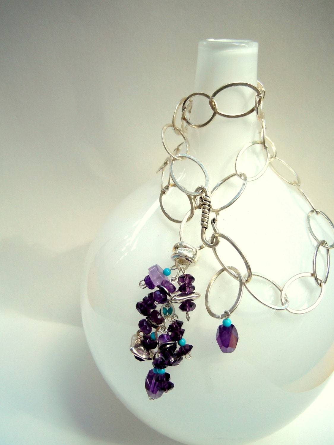 Faceted Amethyst nuggets with sleeping beauty turquoise on adjustable sterling silver chain necklace