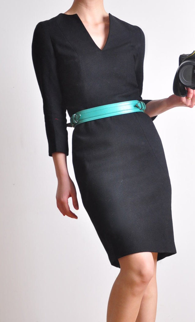 Black Virgin Wool Winter V Neck 3/4 Sleeves Knee Midi Dress
