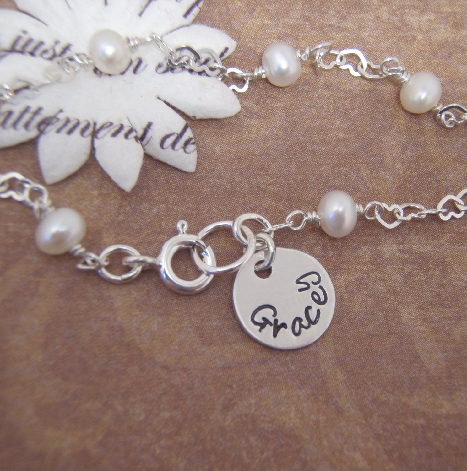 Girl's name bracelet - Pearl and sterling silver bracelet - Little girl pearl bracelet - Her first pearls