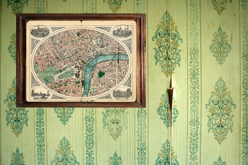 Antique London Map "Travel Victorian London" Antique British Vintage Reproduction Map Engraved - Green Grey Blue London England Thames