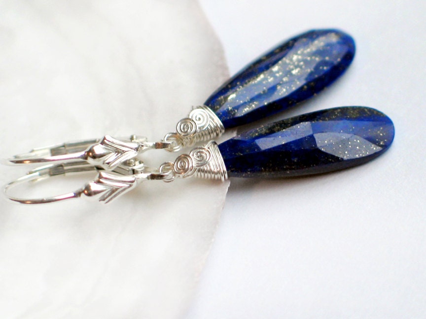 Cobalt Blue Lapis Lazuli Earrings - Lapis Pear Drops Wire Wrapped in Sterling Silver - Fleur de Lis Levreback Dangle