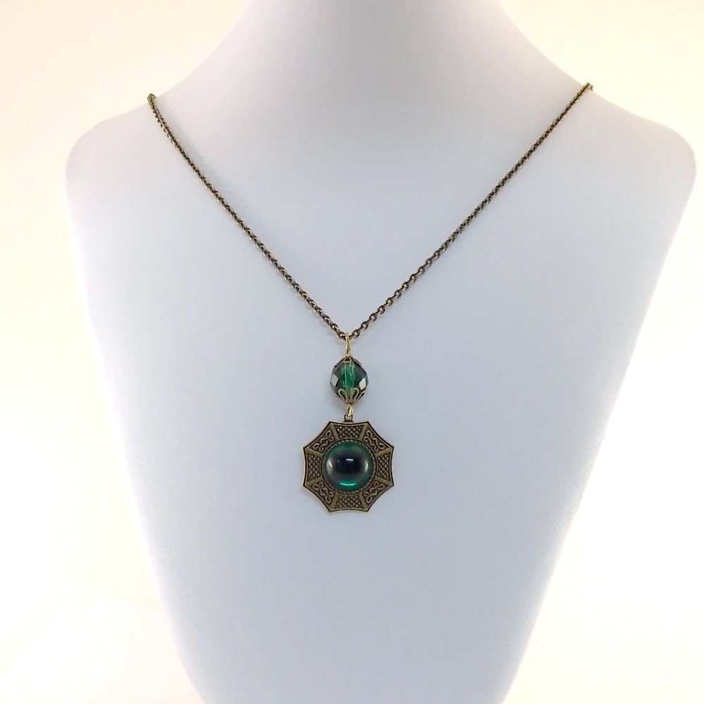 Emerald Green Necklace Antique Brass