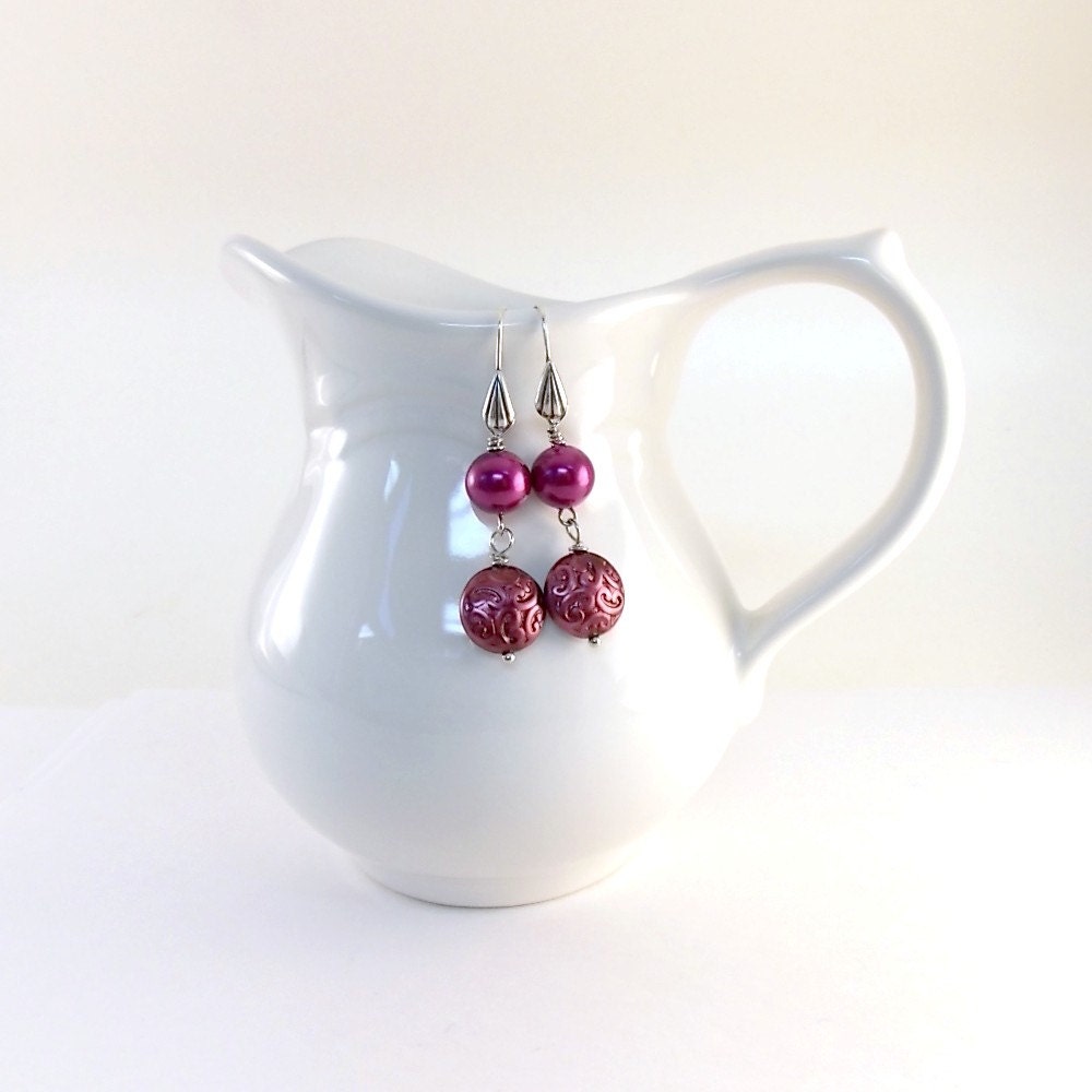 Hot Pink Earrings Glass Pearl Textured Coin Silver Beaded Wire