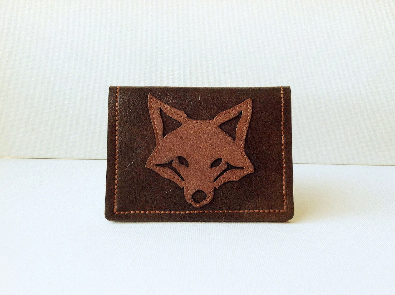 fox wallet / card case - warm brown on espresso vegan leather : "wild & wily"