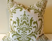 SINGLE 18 x 18 Pillow Cover // Damask Olive and Khaki Linen
