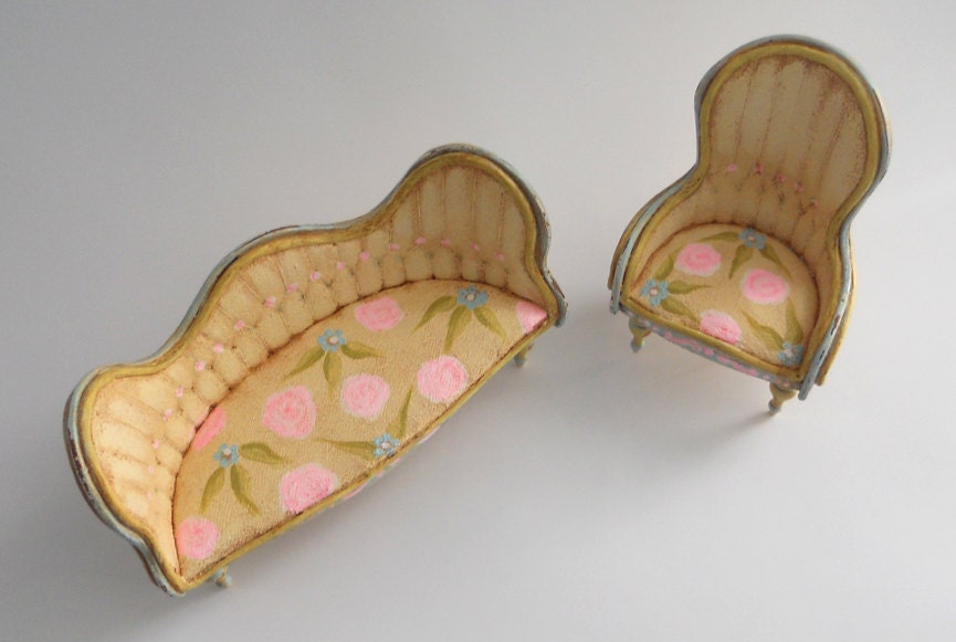 1/12 Scale Shabby Chic Miniature Sofa and Chair