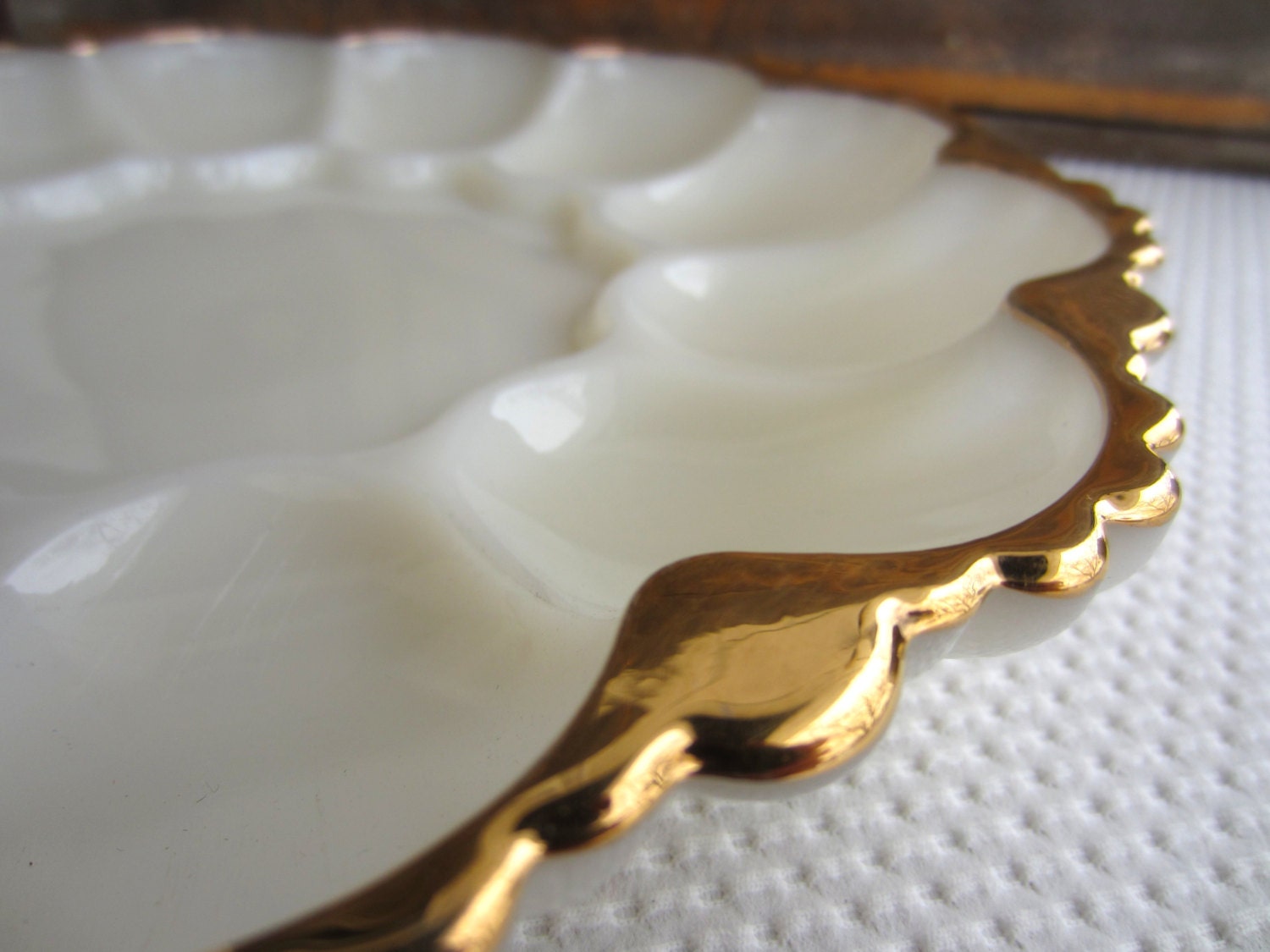 Vintage White Milk Glass Egg Plate with Gold Trim