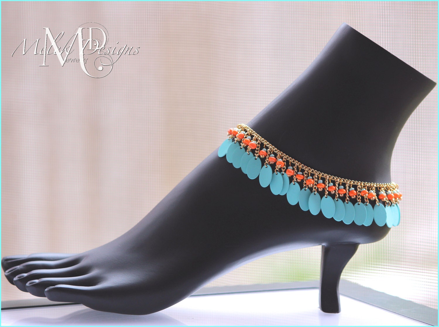 Turquoise Tangerine and Gold Anklet
