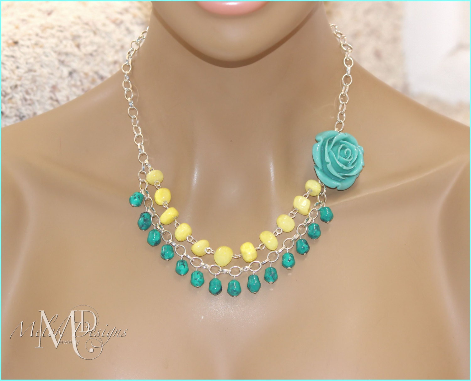 Turquoise Rose Buttercup Stone and Teal Necklace