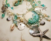 Beadwork Freeform Necklace, Earrings Aqua Ivory Lampwork Cabochon Seashells Bridal Bohemian Ocean Beaded Jewelry 'Treasures from the Sea'