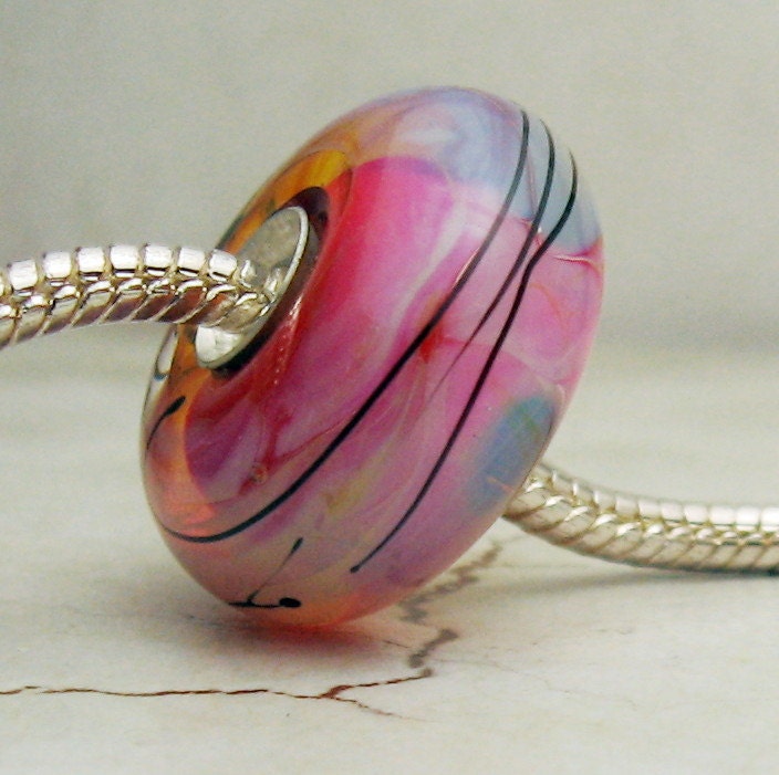 Lampwork Glass Bead Big Hole Charm Bead BHB European Silver Cored Hot Pink Focal Bead SRA