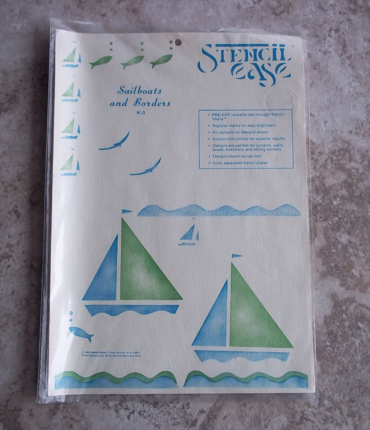 Vtg Stencil-Ease Pre-Cut Reusable Stencil Patterns Sailboats and Ocean Water Border Fish Border Sail Boats Border Patterns Kit