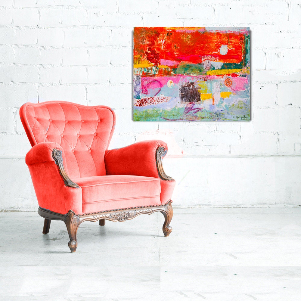 RESERVED For R. Original Abstract Painting canvas 29x24 red turquoise green pink modern wall art mixed media textured Ana Gonzalez
