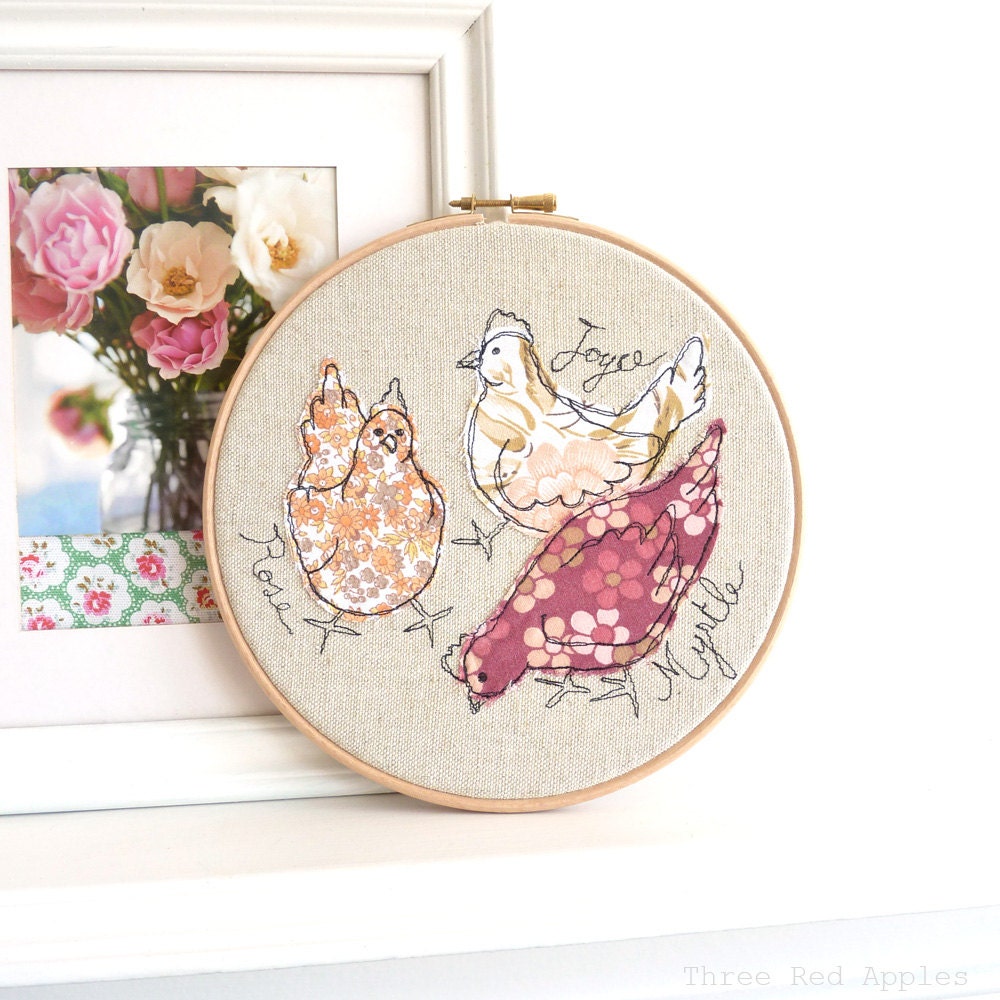 Embroidered Hoop Art - 'Rose, Joyce & Myrtle' chickens textile artwork in pink - 8" hoop