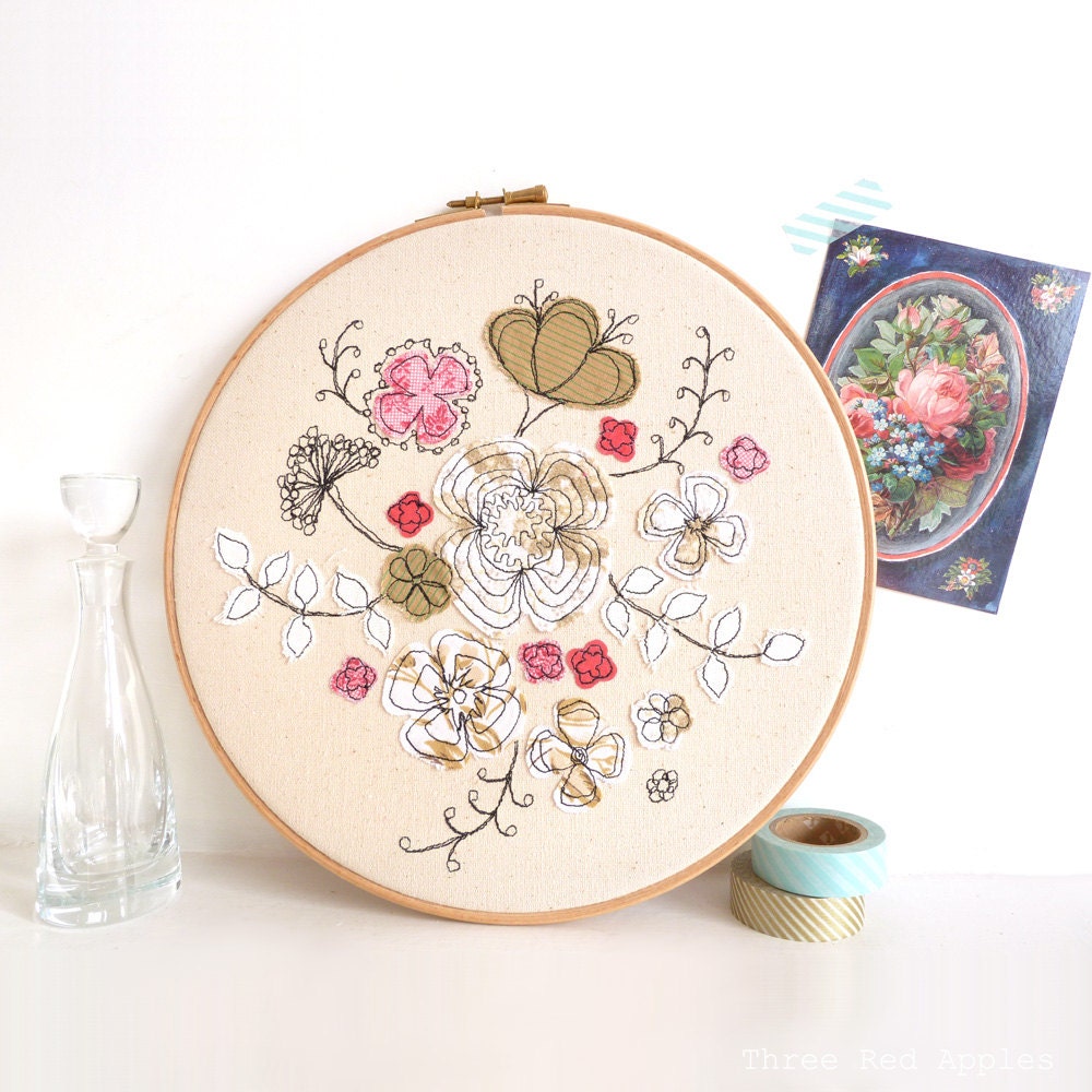 Embroidery Textile Artwork - 'Hello petal' Floral Hoop Art in pink & gold - Large 10" hoop