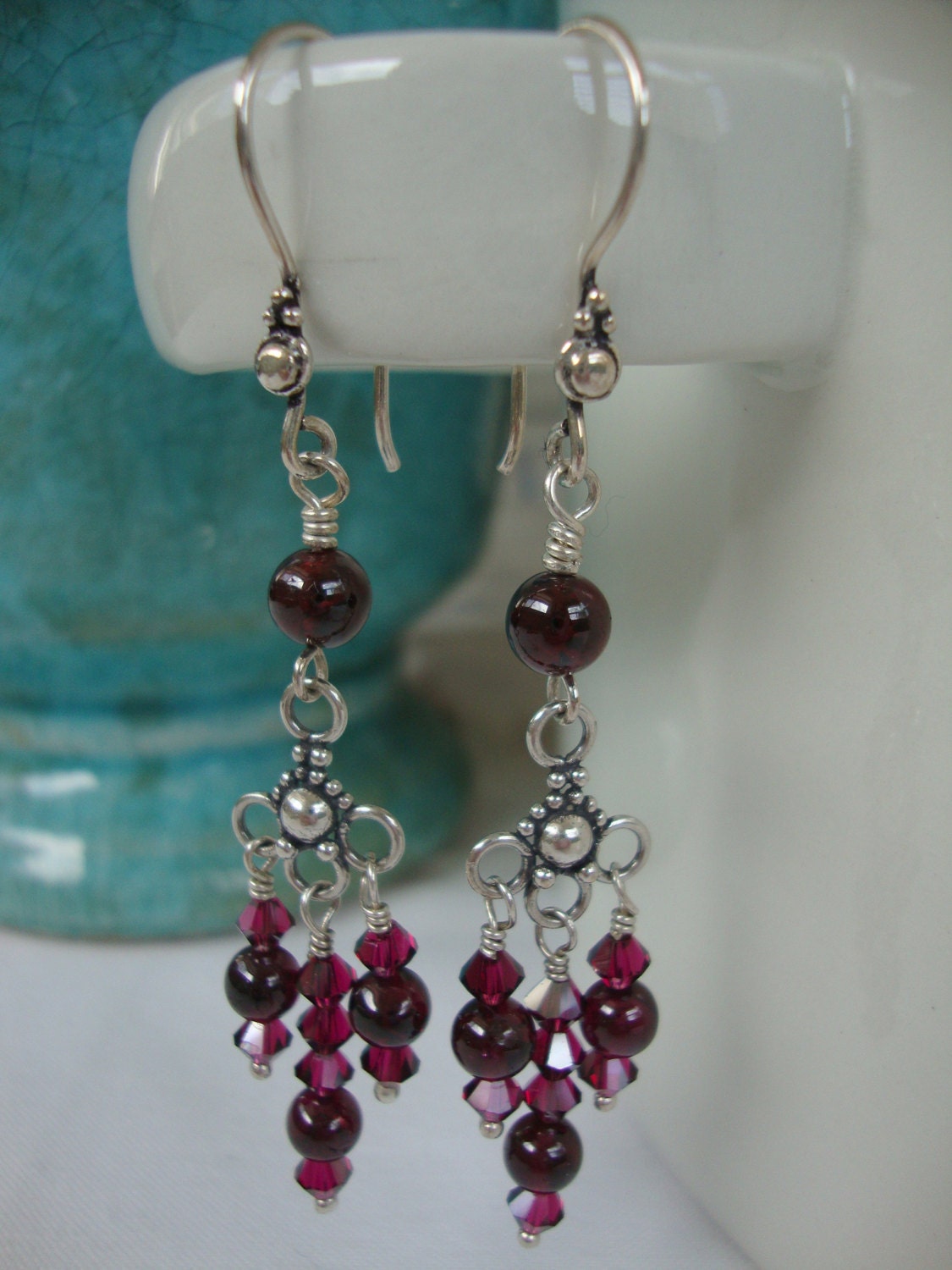 FREE SHIPPING Sterling Silver Garnet Chandelier Earrings