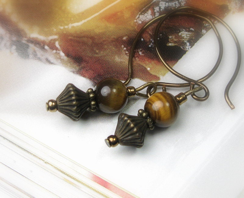 Tiger Eye Quartz Chalcedony, Antique Bronze, Dangle Earrings, Semi Precious Stones, Brown, Handmade Ear Wires, Womens Accessories