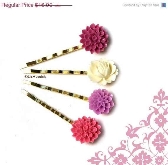 Holiday SALE Pink Purple Flower Bobby Pins. Fresh Berries and Cream. Hair Accessories.