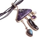 Mixed Gemstone Necklace, Charoite Pendant on Black Cord, Sterling Silver Necklace, Labradorite, Biwa Pearl, Amethyst, Rainbow Moonstone