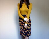 Vintage Corduroy Skirt Navy Blue Animal Novelty Print Colorful Knee Length Cord Kitsch - Small. Medium. S/ M