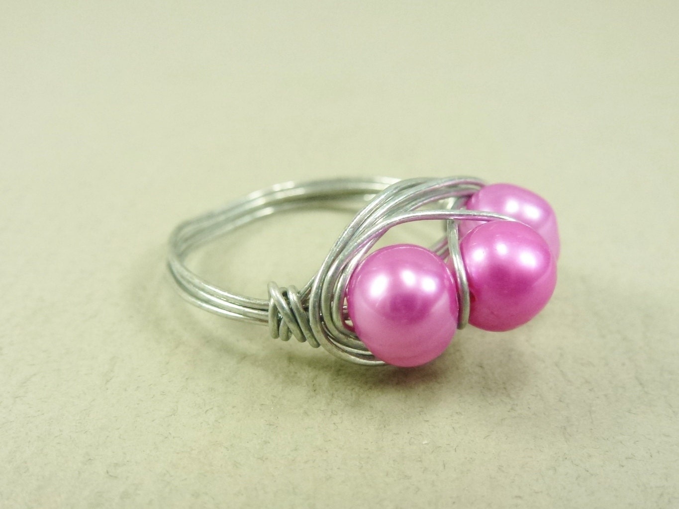Hot Pink Pearl Trio Wire Wrapped Ring Custom Size Dyed Freshwater Pearls