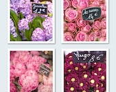 Paris Photography Set - Paris Market Flowers, Four 5 x 5 Travel Photographs, Roses, Peonies, Kitchen Art, Wall Decor
