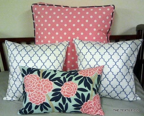 Pair of Designer  High End Custom Curtains Drapes Navy, Pink, and Beige on Light Aqua
