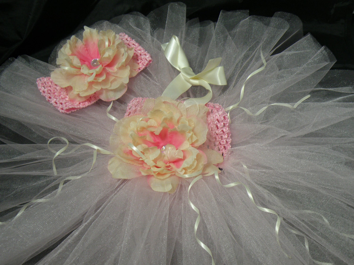 Pale Pink Infant Tutu  and Headband Set Baby Tutu Stretch Headband Photo Prop Toddler Tutu Peony Flower Birthday Tutu