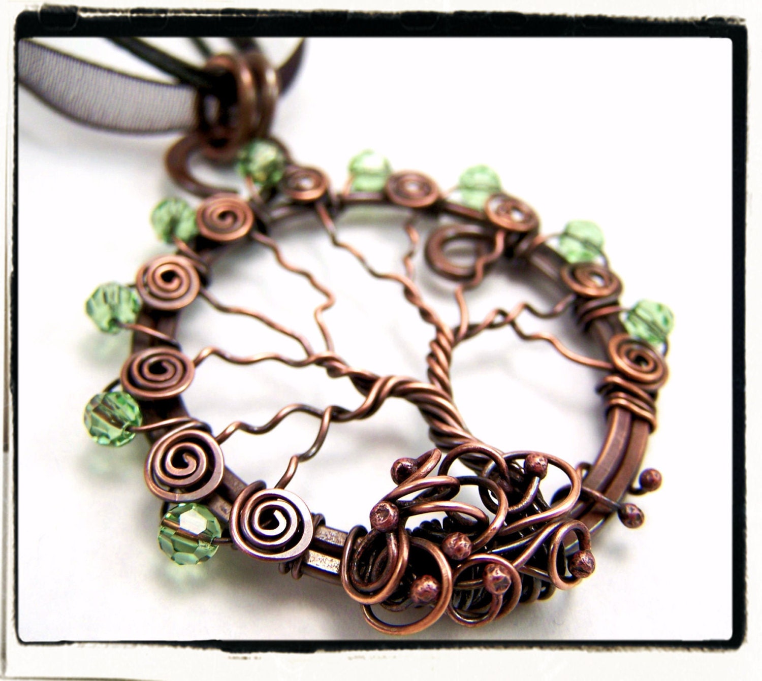 008 Antique Copper Faerie Green Crystal Wire Wrapped Tree of Life Pendant