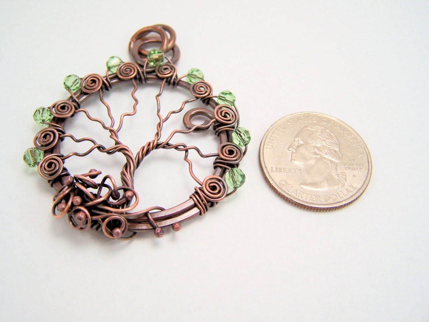 008 Antique Copper Faerie Green Crystal Wire Wrapped Tree of Life Pendant