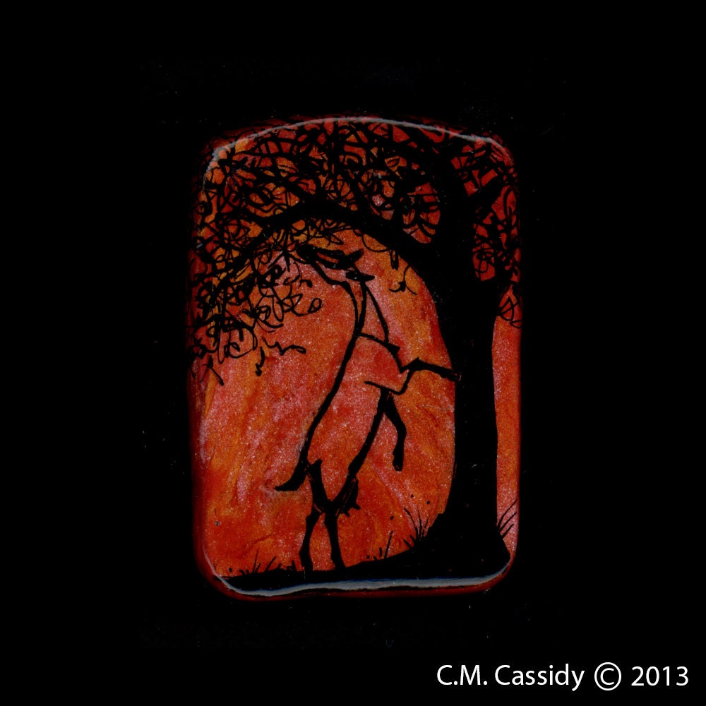 Dairy Goat and Tree Pendant.India Ink Drawing on  Polymer Clay with Black 18" Rubber Cord. 3040