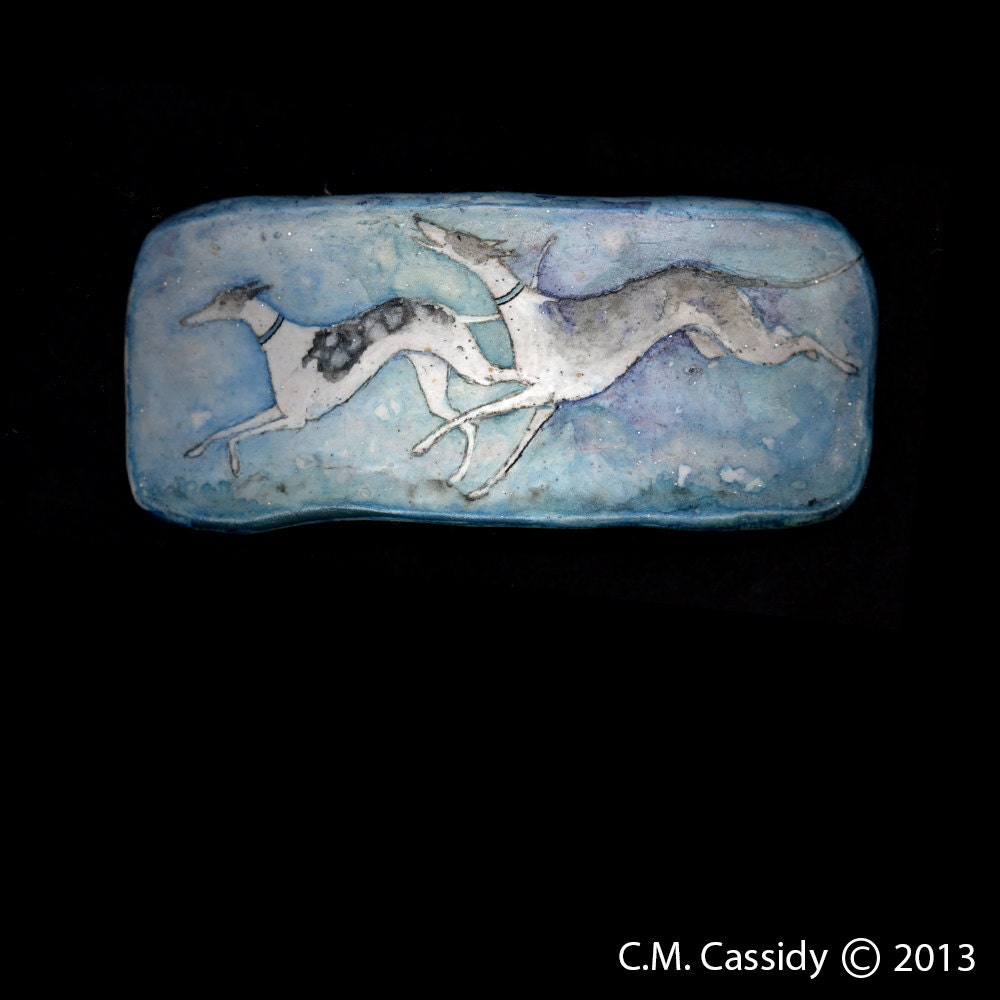 Two Greyhounds Romping. Original Ink Drawing on Polymer Clay Barrette. 3114