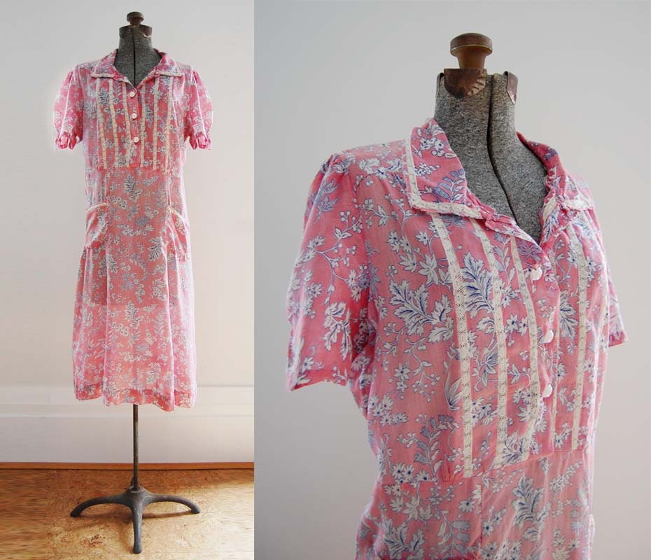 40's Pink Starflower Day Dress / Pink Voile Garden Frock