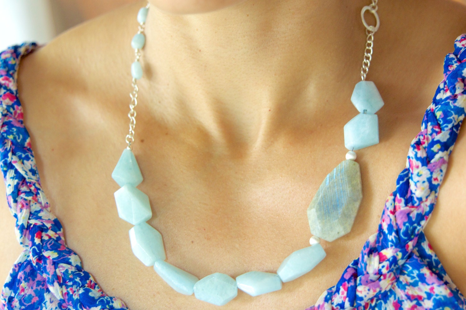 Sterling Silver Labradorite and Aquamarine Chunky Necklace