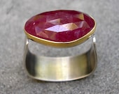 Ruby Ring - Rose Cut Ruby Ring - Ruby Gold Bezel Ring - Hammered Sterling Silver Band- US Size 10